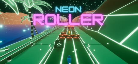 Neon Roller 遊戲標題橫幅，展示了霓虹風格的標誌和一顆滾球在賽道上的畫面。