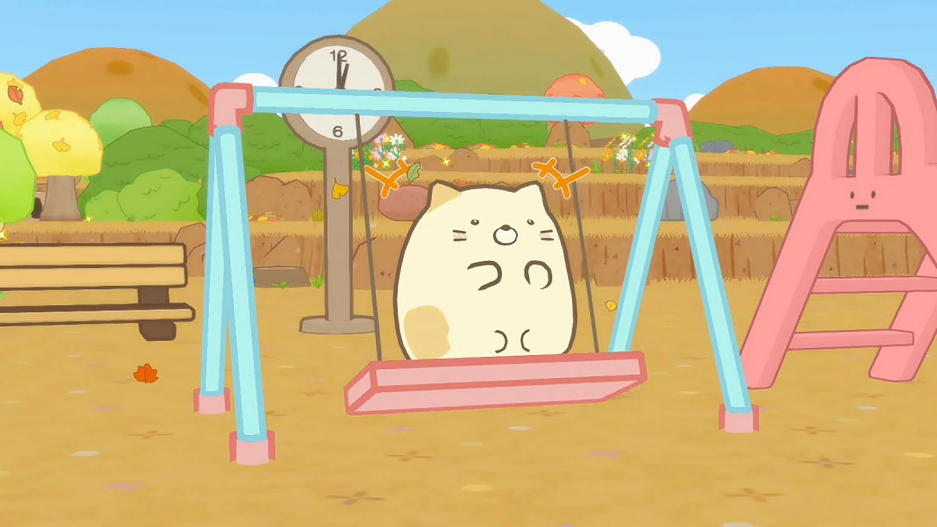 角落小夥伴們在島上享受各種活動,如盪鞦韆和泡溫泉。