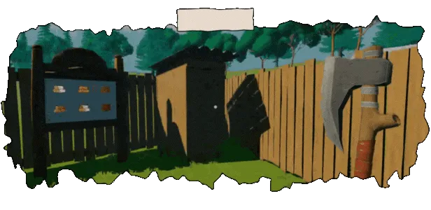 玩家在木製廁所前，這是遊戲中獨特的存檔點。