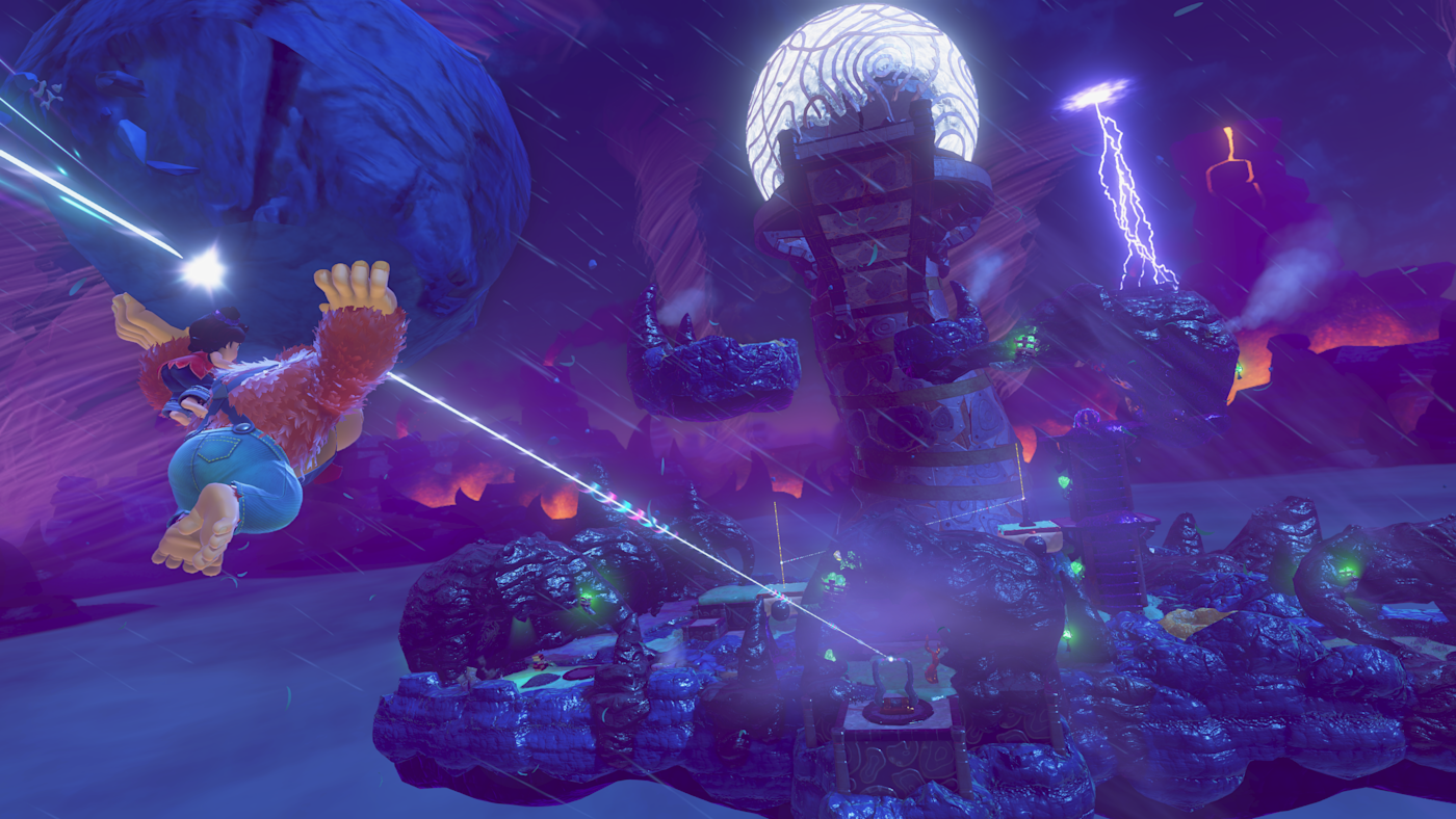 咚奇剛利用滑索在充滿岩漿雨的室內區域移動。