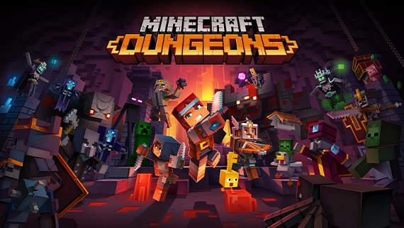 四名英雄在 Minecraft Dungeons 的洞穴深處對抗怪物。