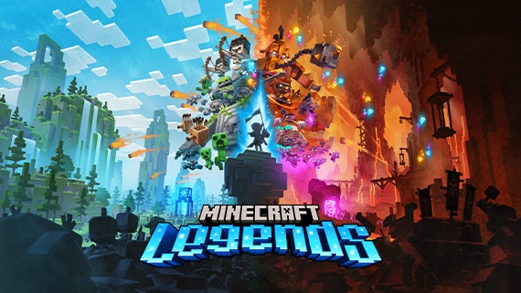 一名英雄站在 Minecraft Legends 的兩個軍隊之間。