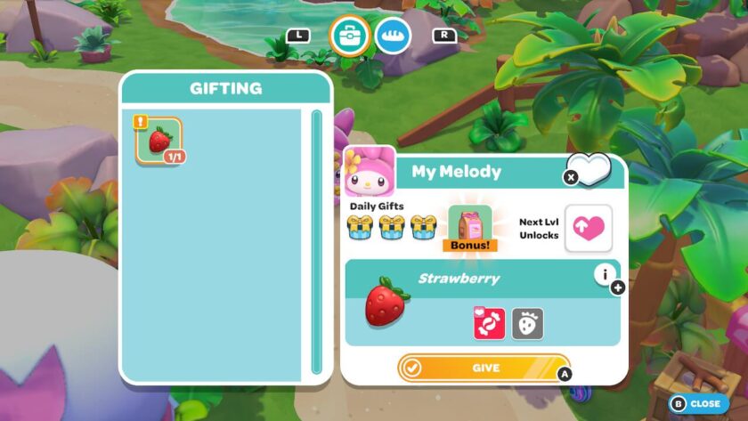 遊戲中的送禮介面，玩家可以選擇合適的禮物來增進與角色的友誼。