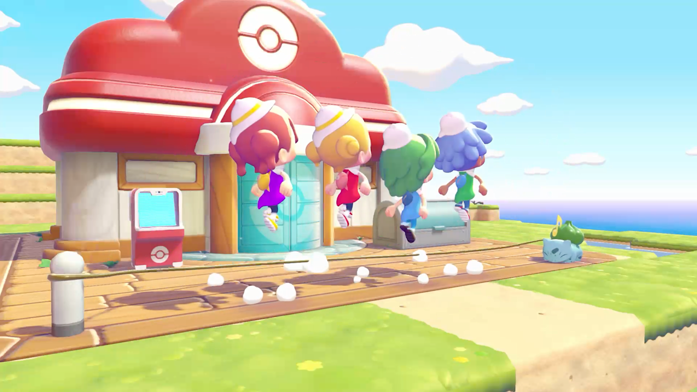 主角和皮卡丘等寶可夢一起玩跳繩，繩子是妙蛙種子的藤鞭。