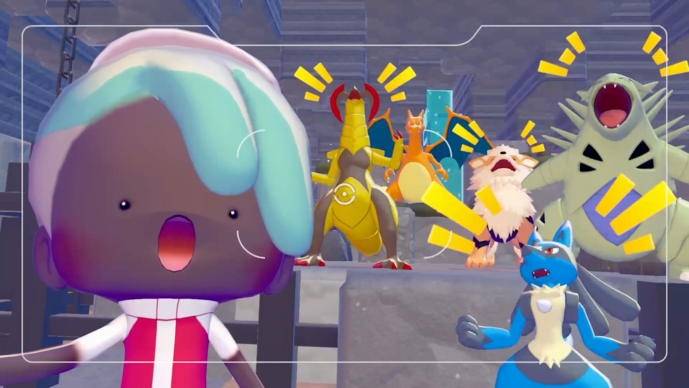 多位玩家和他們的寶可夢夥伴一起在花叢前合影留念。