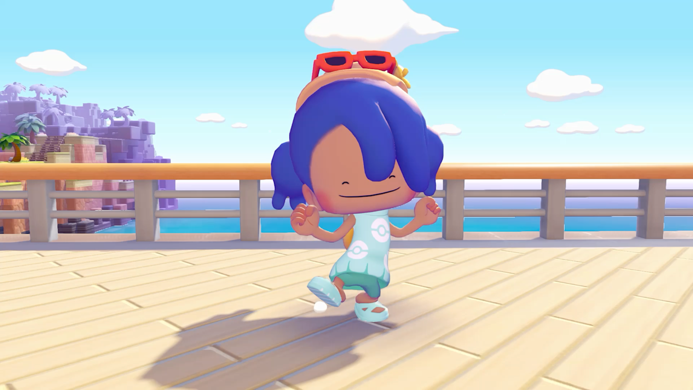 主角穿著時尚的服裝，開心地在城鎮中奔跑。