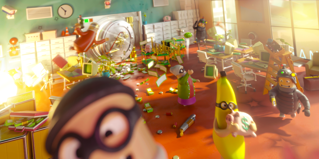 在銀行關卡中,玩家們互相投擲物品,一片混亂。