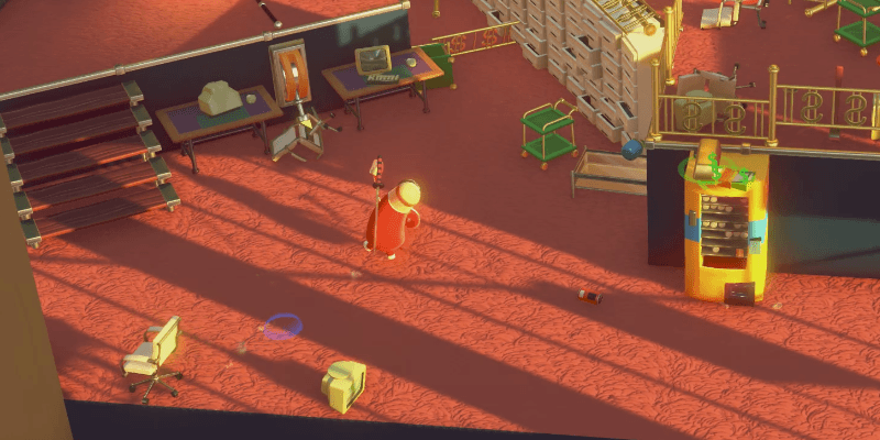 一個裝扮成老奶奶的角色正在用掃把追打另一名玩家。