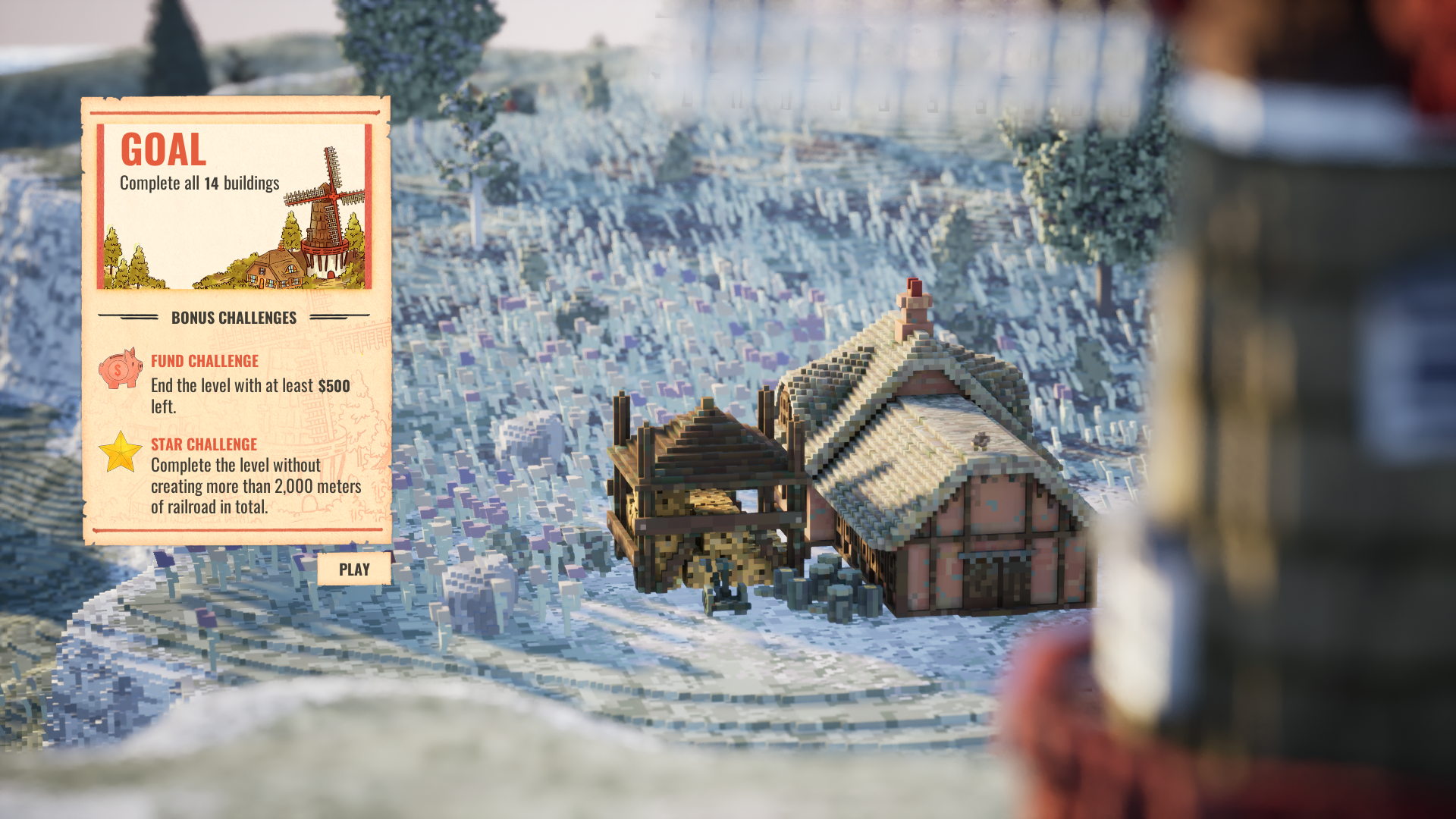 《站點連連》中的火車與建築特寫,體素藝術風格十分可愛。