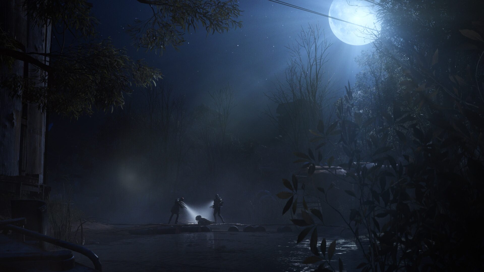 三名玩家角色在夕陽下的廢墟中集結