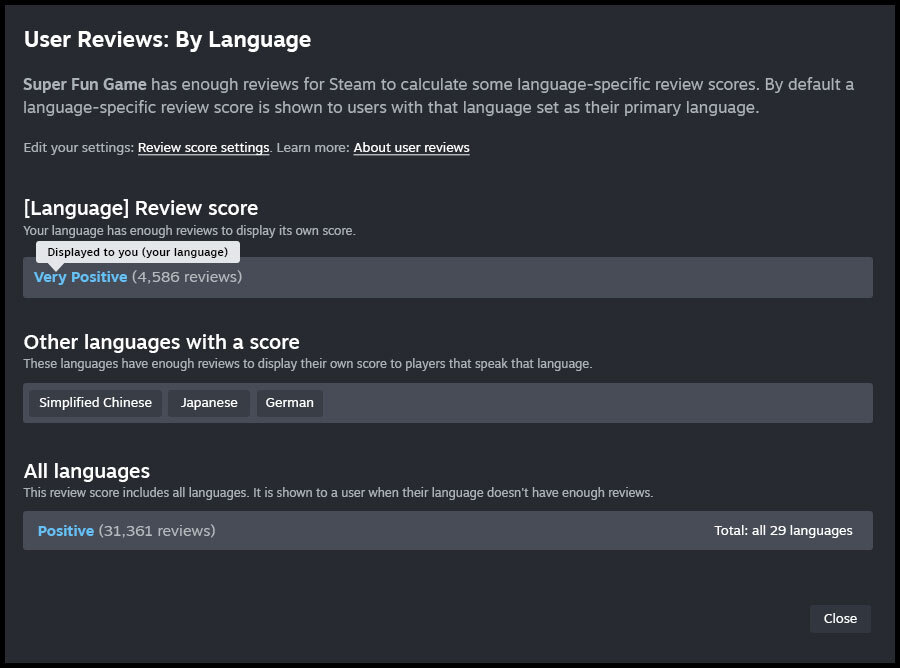 玩家可自行選擇是否要查看所有語言的整體分數