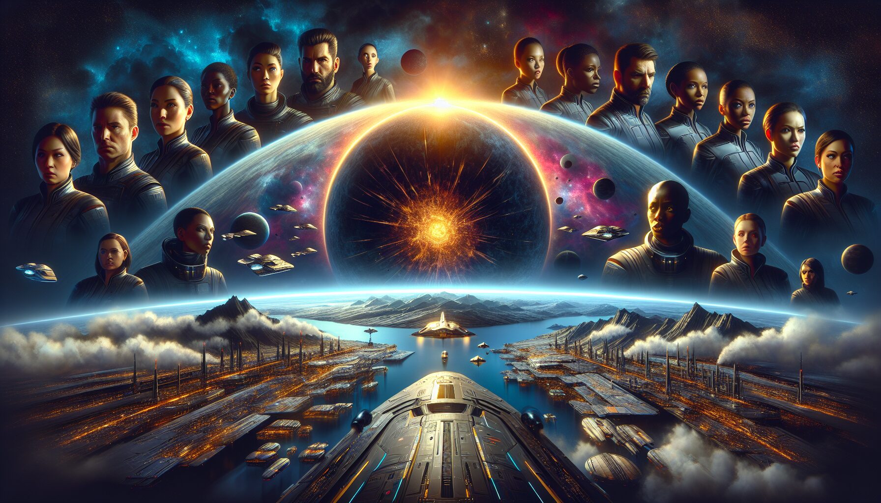 天外世界2宣傳畫面，展示未來城市與角色