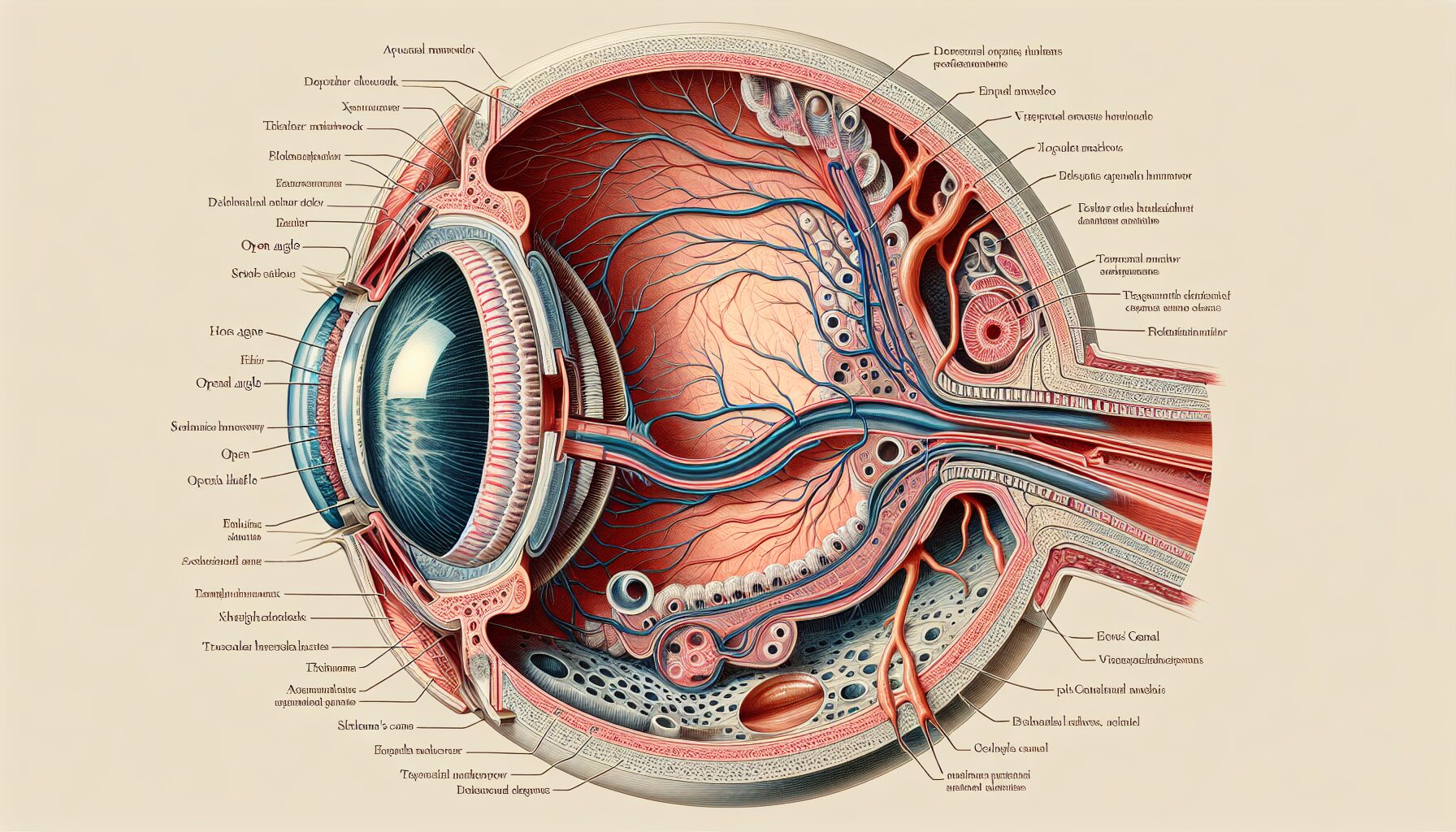 眼球房水循環、隅角排水示意圖