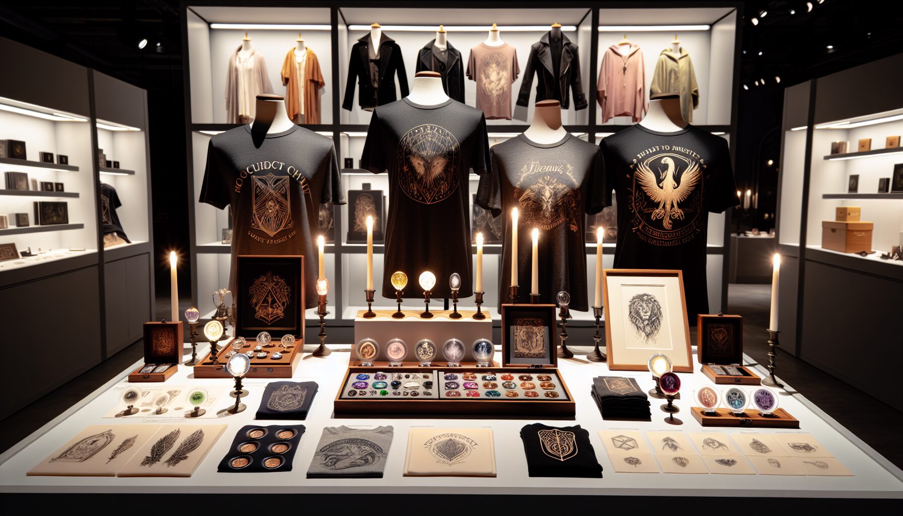 木棉花動漫周邊新商品合照,包括芙莉蓮T恤、莉可麗絲吊飾等