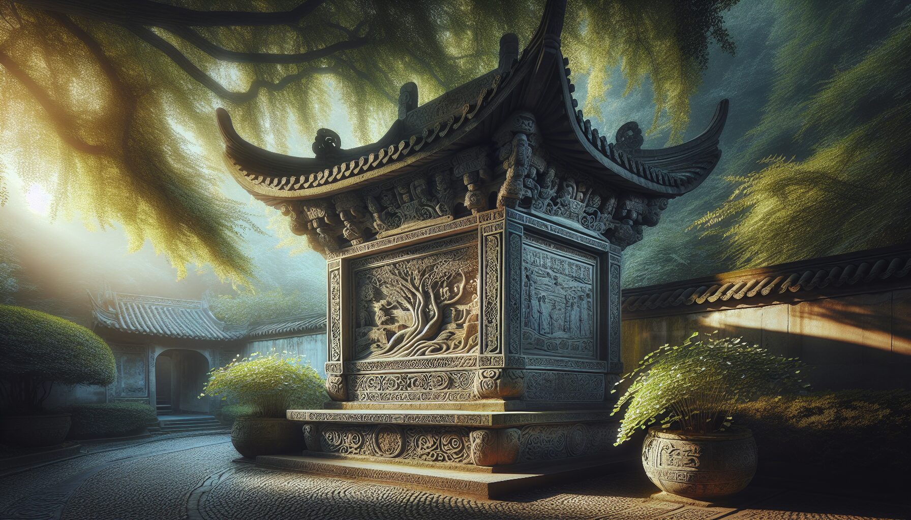 古代旗桿座象徵家族榮耀的場景