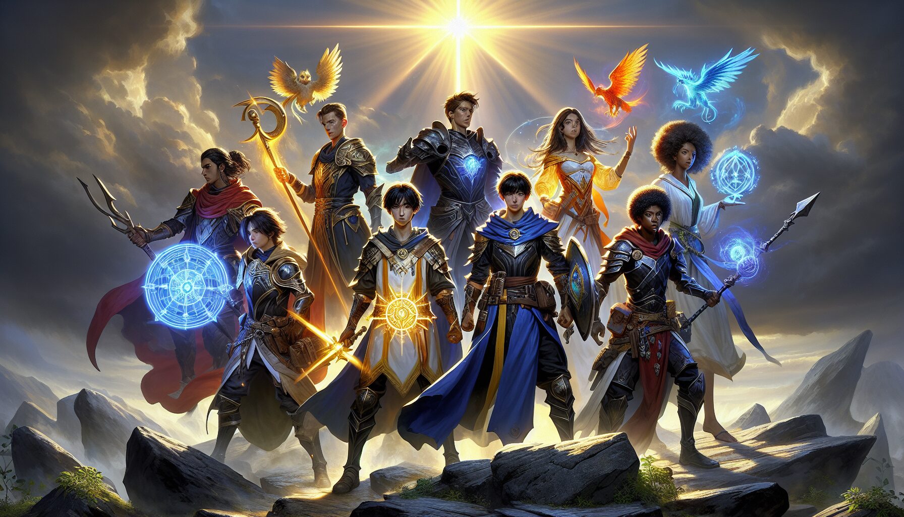 光之晨曦獵魔團主要角色群像，七位少年少女並肩奮戰