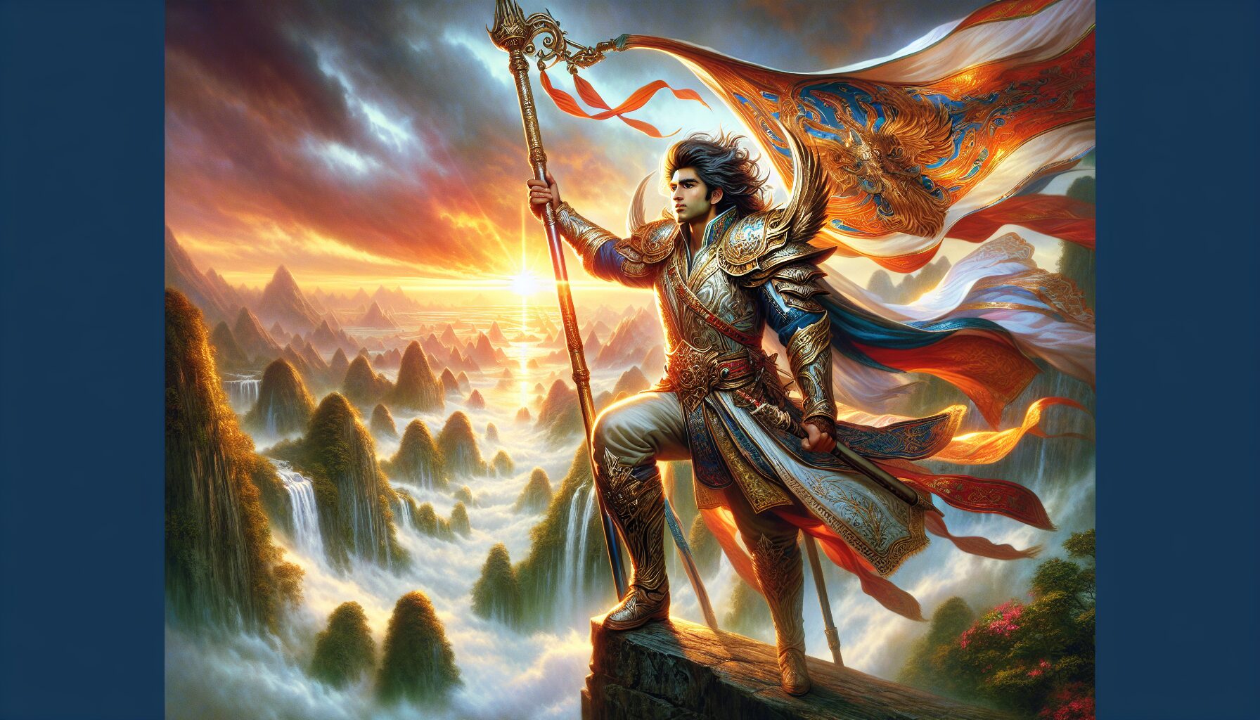 主角楚鋒手持皇旗，眾多夥伴齊聚於後，象徵團結與榮耀