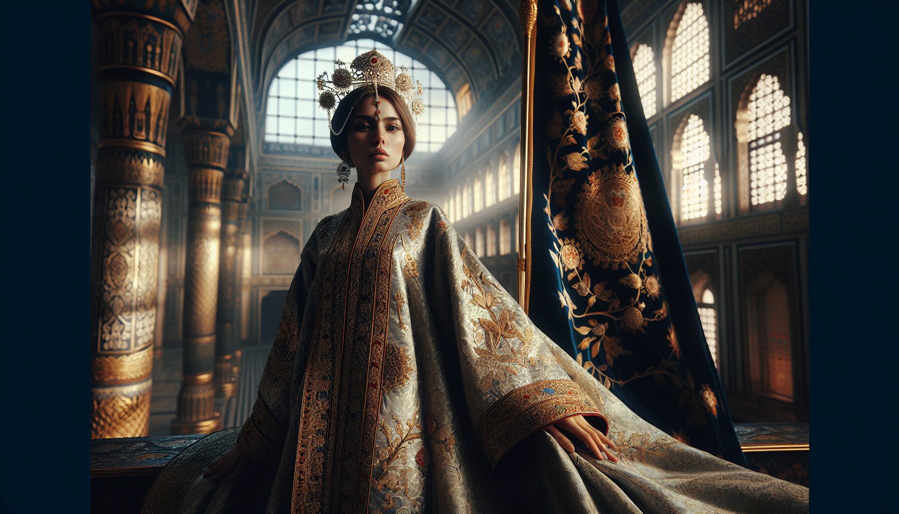 深宮女子手持旗桿，象徵著守護與堅毅意志