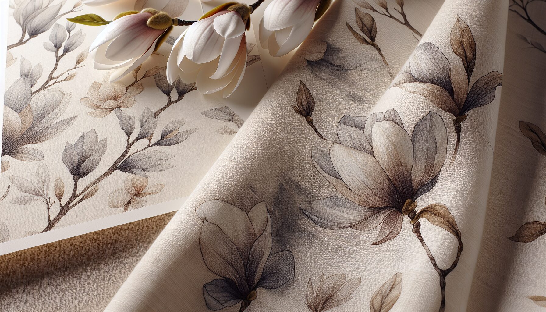 木蘭花印花亞麻女裝單品特寫，細節工藝盡顯優雅