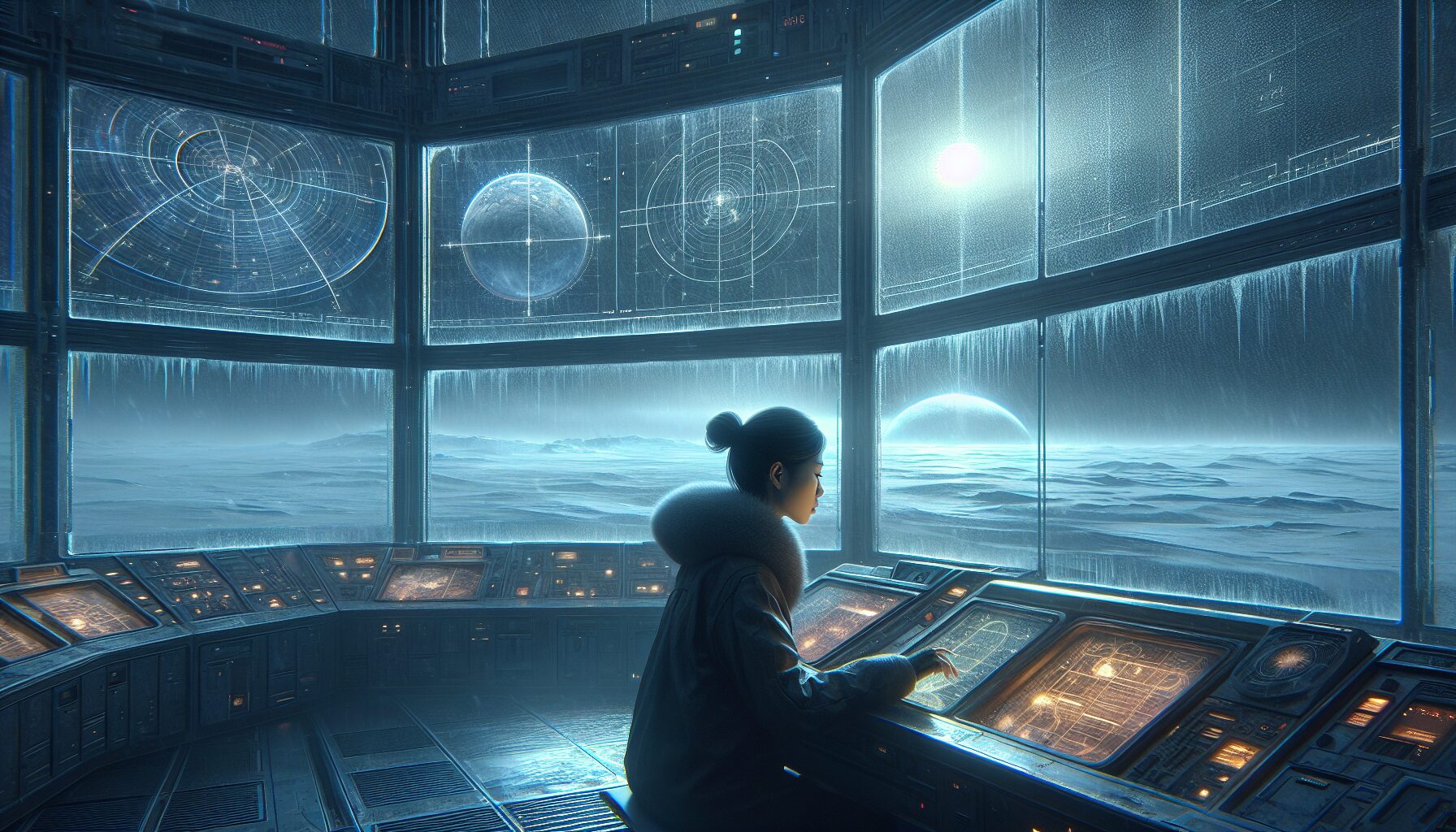 葉文潔與紅岸基地方向天線的劇情藝術插圖