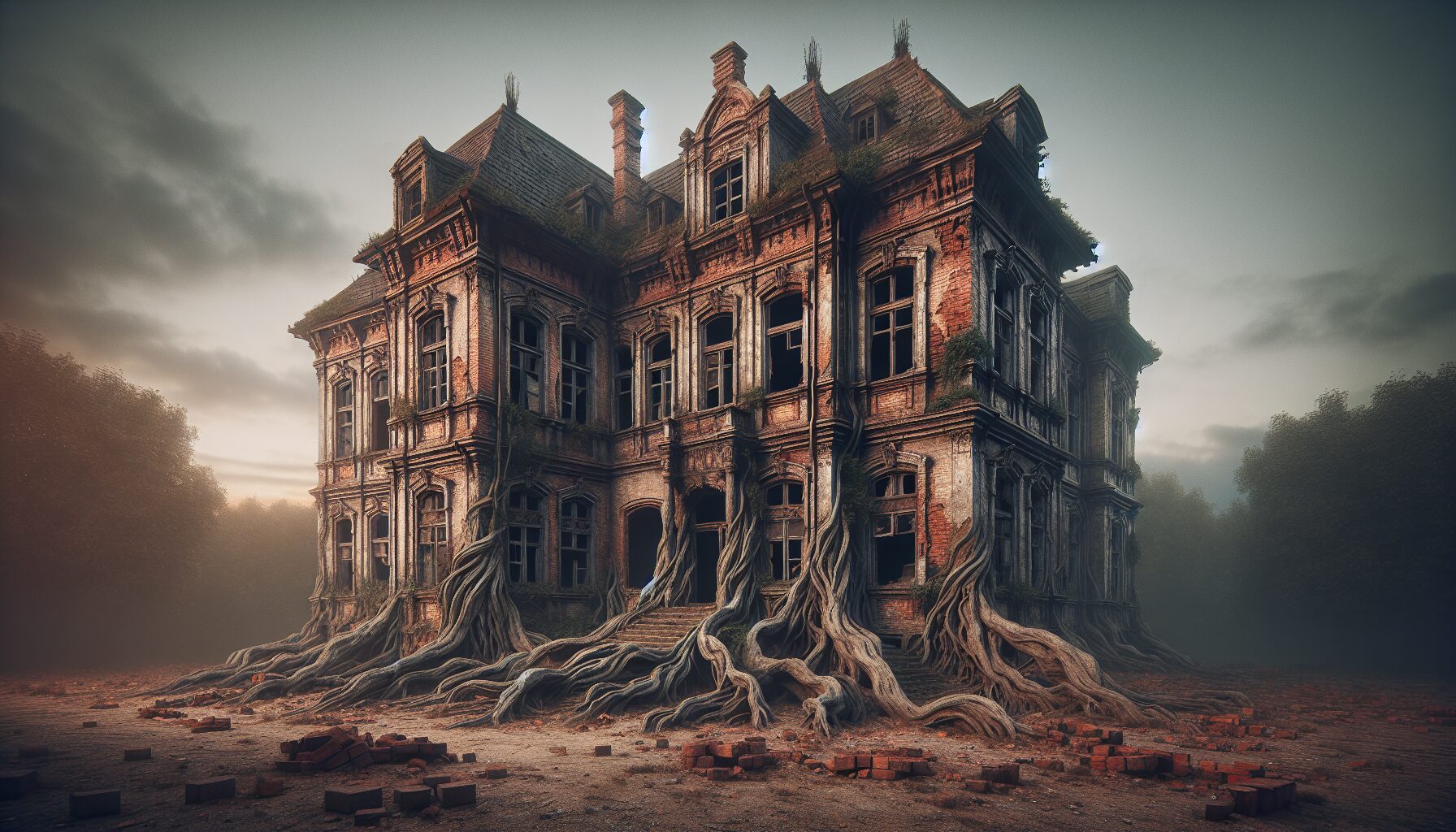 民雄鬼屋內部破敗景象，紅磚牆剝落，充滿歲月痕跡的幽暗客廳