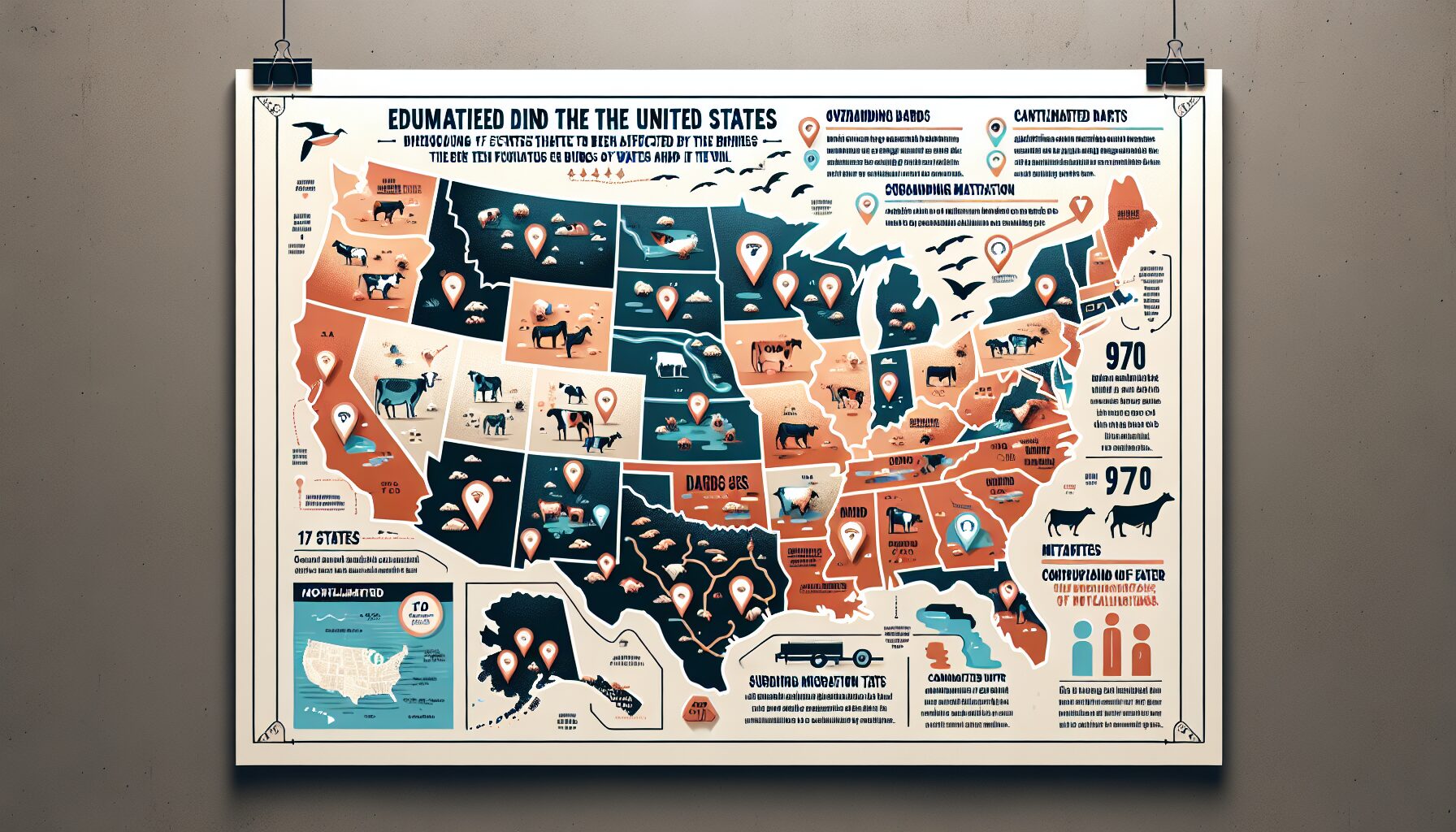 美國H5N1乳牛感染疫情地圖,標註已受影響州份分布
