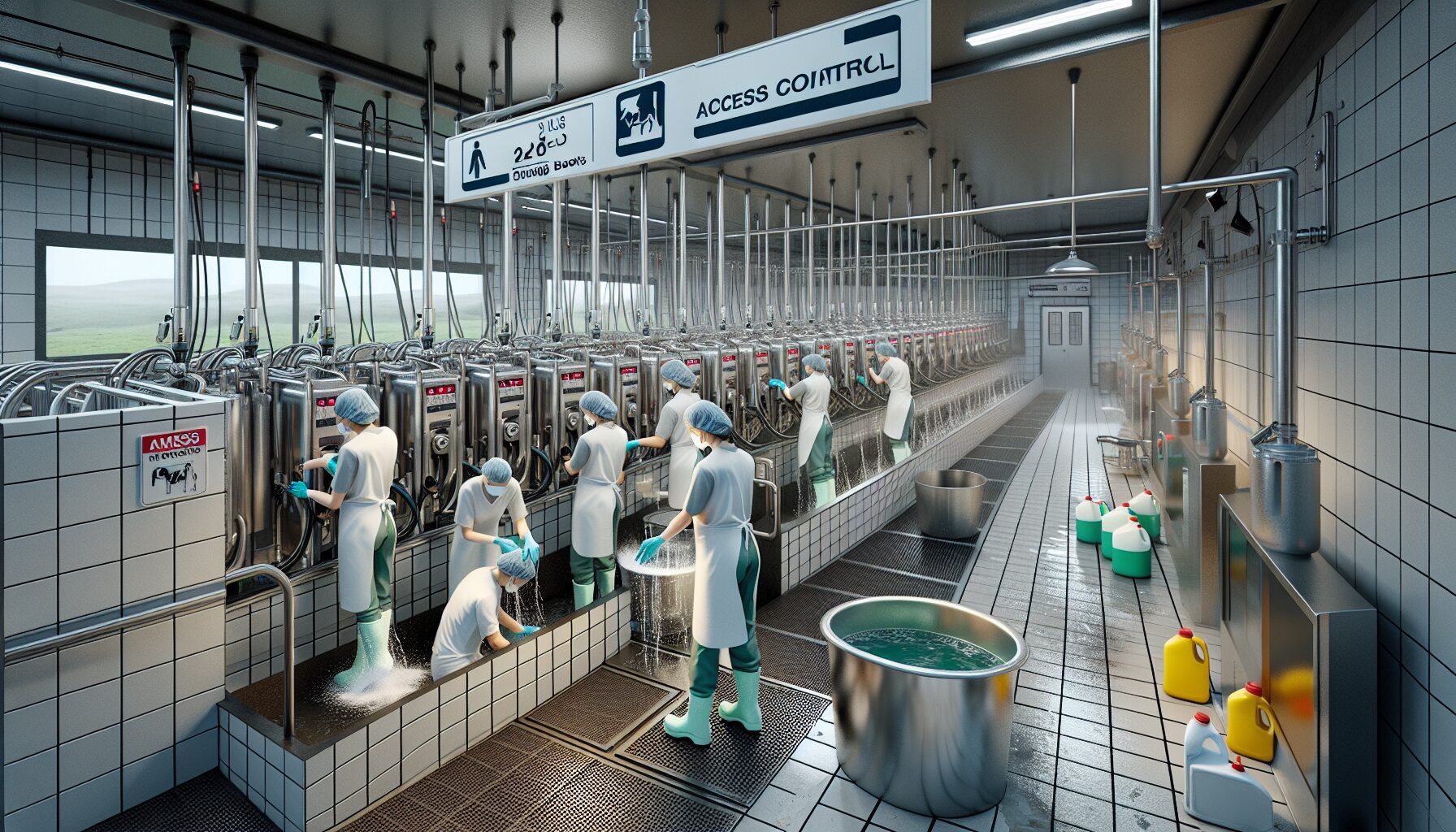 乳牛農場員工穿著PPE裝備,在擠奶區強化消毒作業