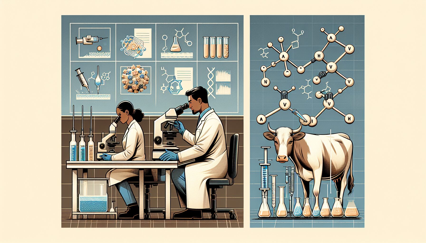 動物疫苗實驗室研發場景,研究人員在測試乳牛用H5N1疫苗樣品