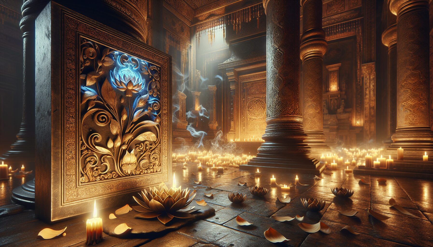 廟宇前誦念六字大明咒的信徒雕像，手持法器