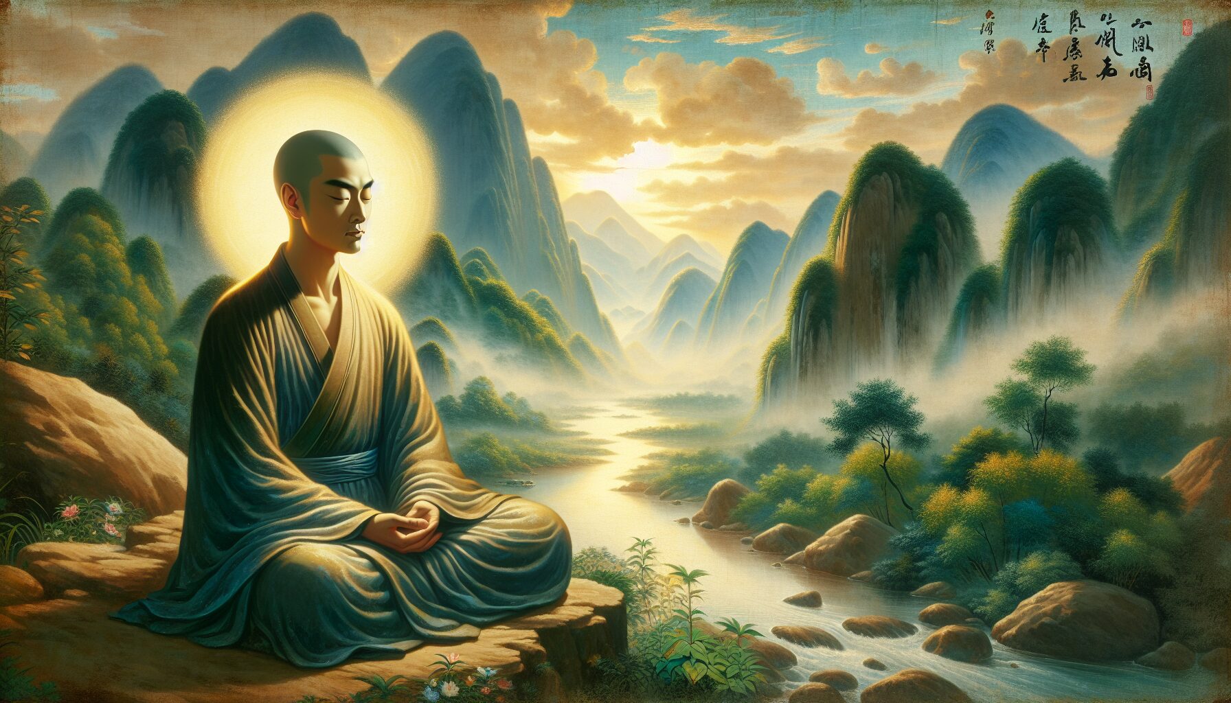 小說人物圍坐修行，中央懸浮六字大明咒梵文