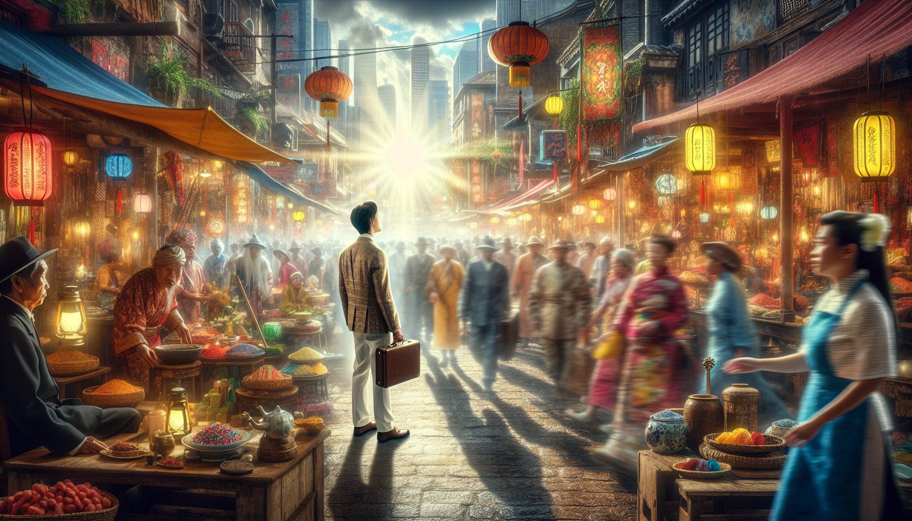 現代人穿越遇見李白，古今文化碰撞情景插畫