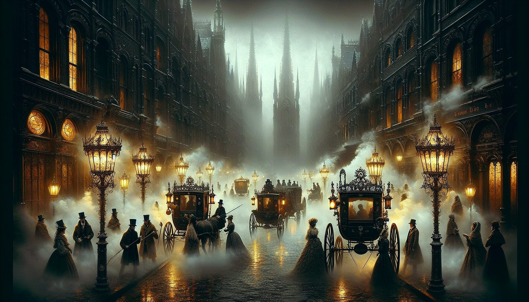 魯恩王國的首都貝克蘭德，濃霧與煤氣燈交織的奇幻都市場景。