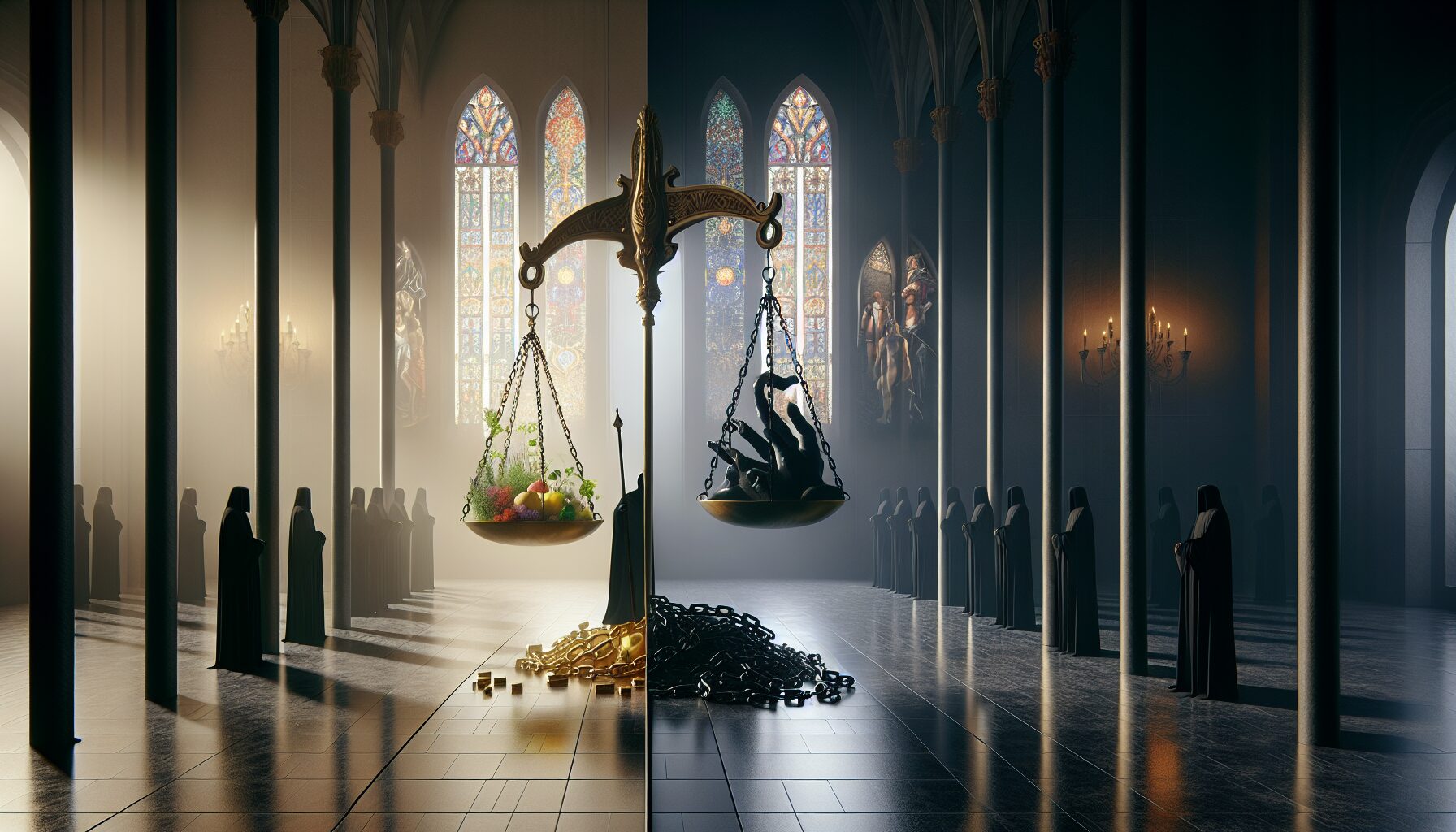 故事黑暗復仇與討論倫理的場景插圖