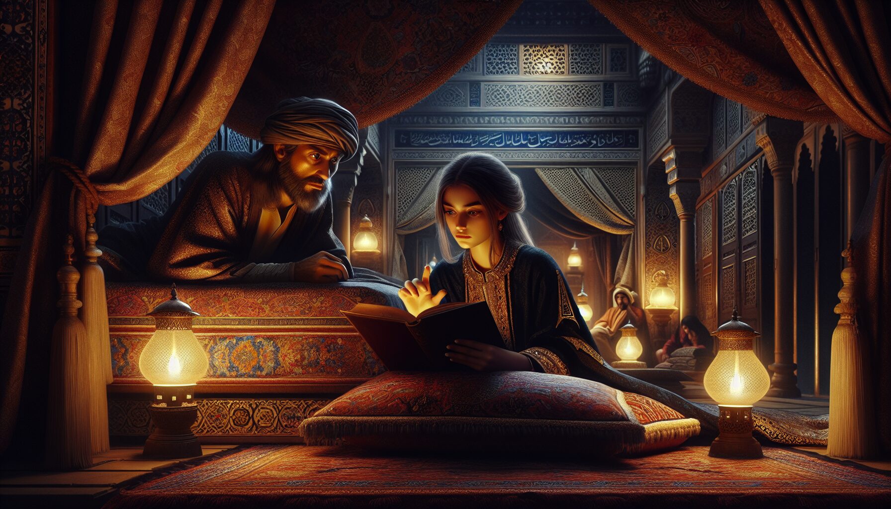 古代波斯風格的山魯佐德及國王插畫