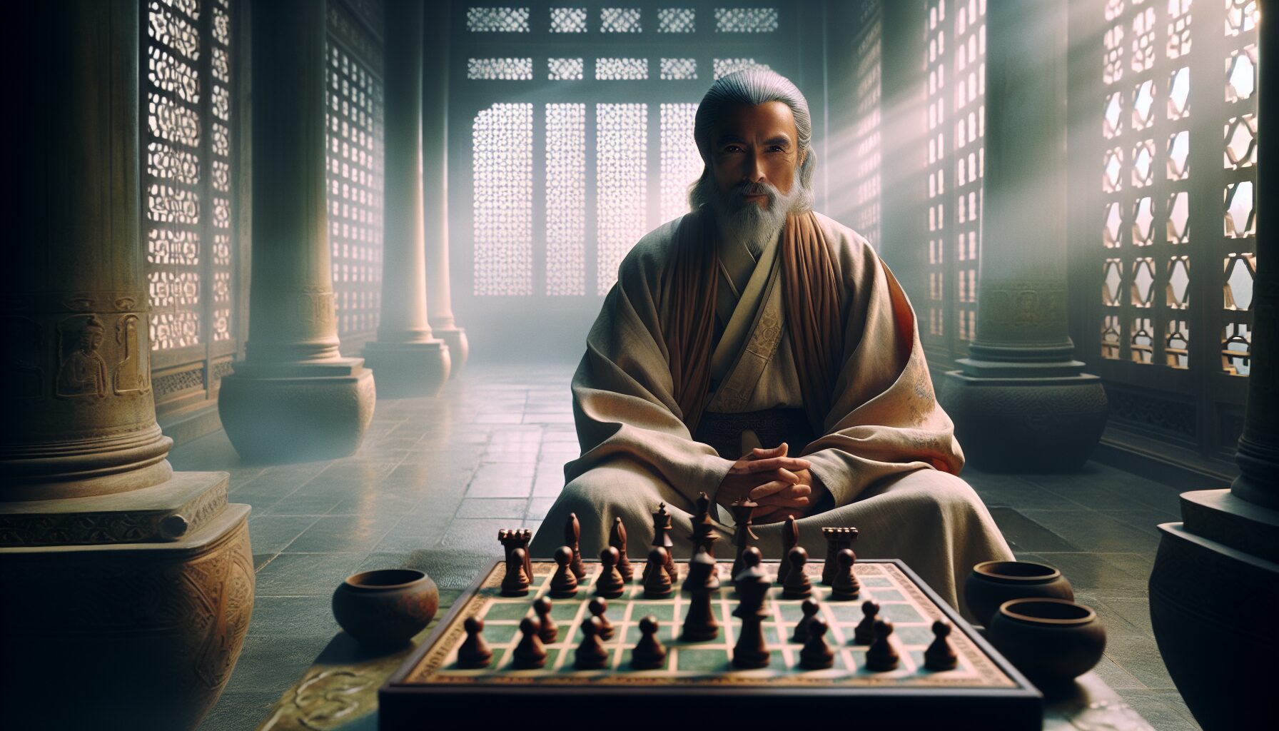 仙俠世界中的青衣青年坐於棋盤前