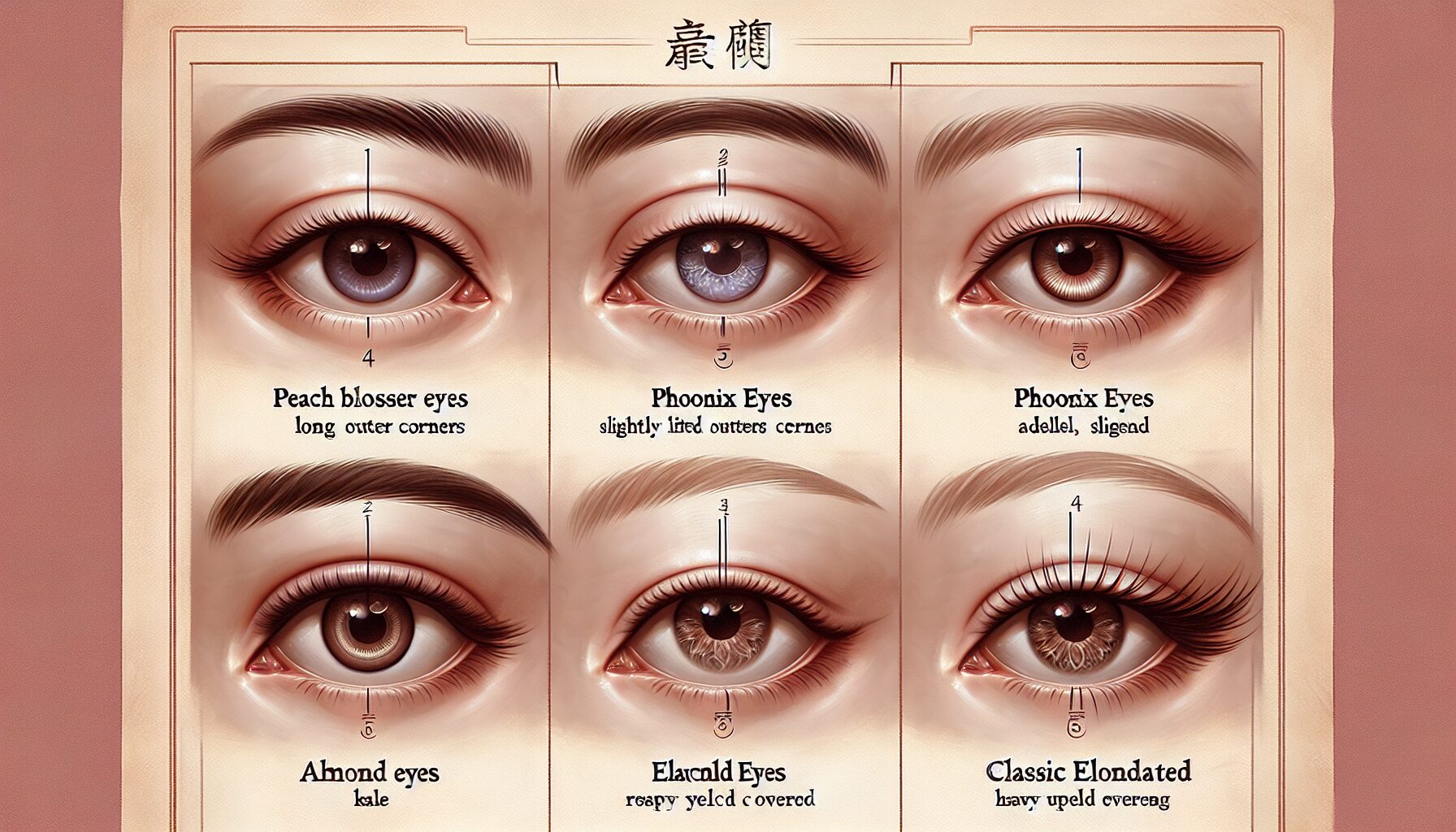 不同傳統眼型形態對比，含桃花眼、丹鳳眼、杏眼、瑞鳳眼示意繪