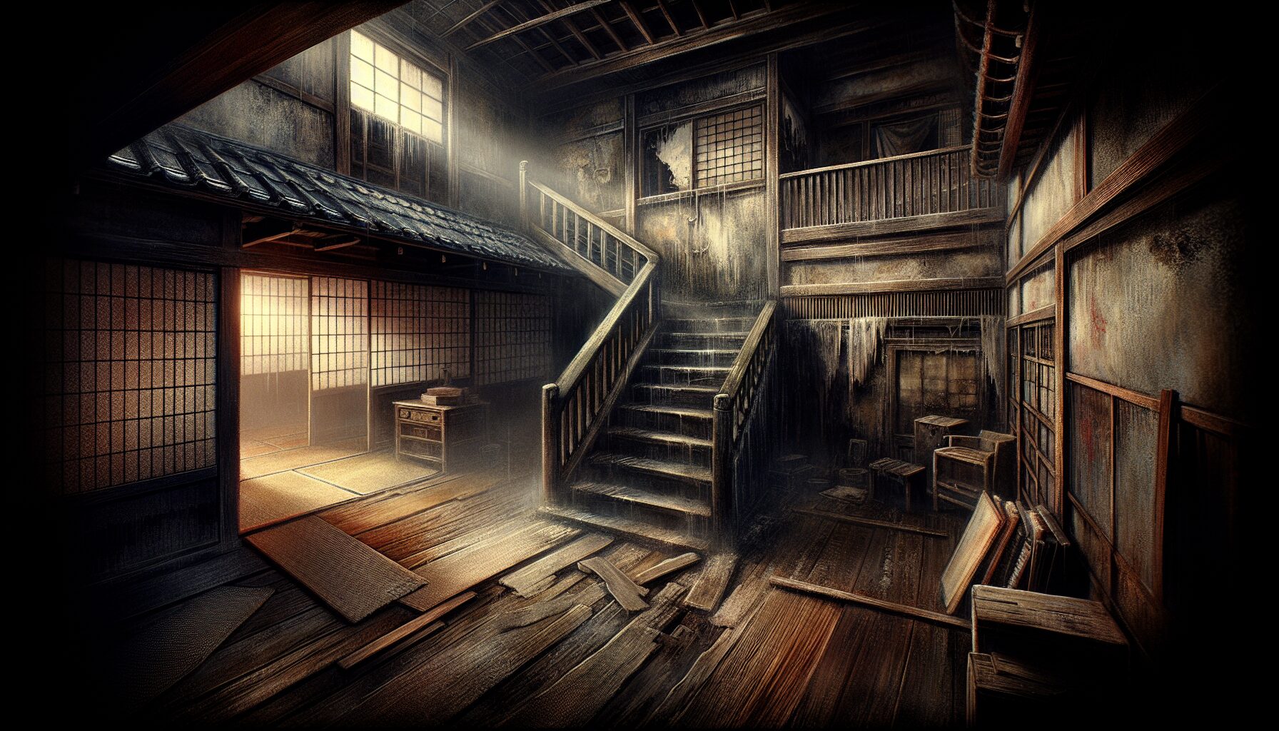 伽椰子怨靈彎曲著身體爬行於日式舊宅樓梯上的經典畫面