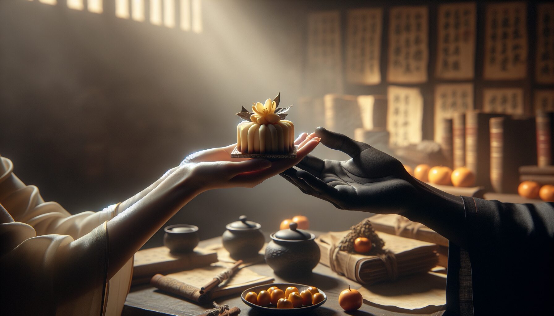 小說中角色品嘗桂花糕的場景插畫