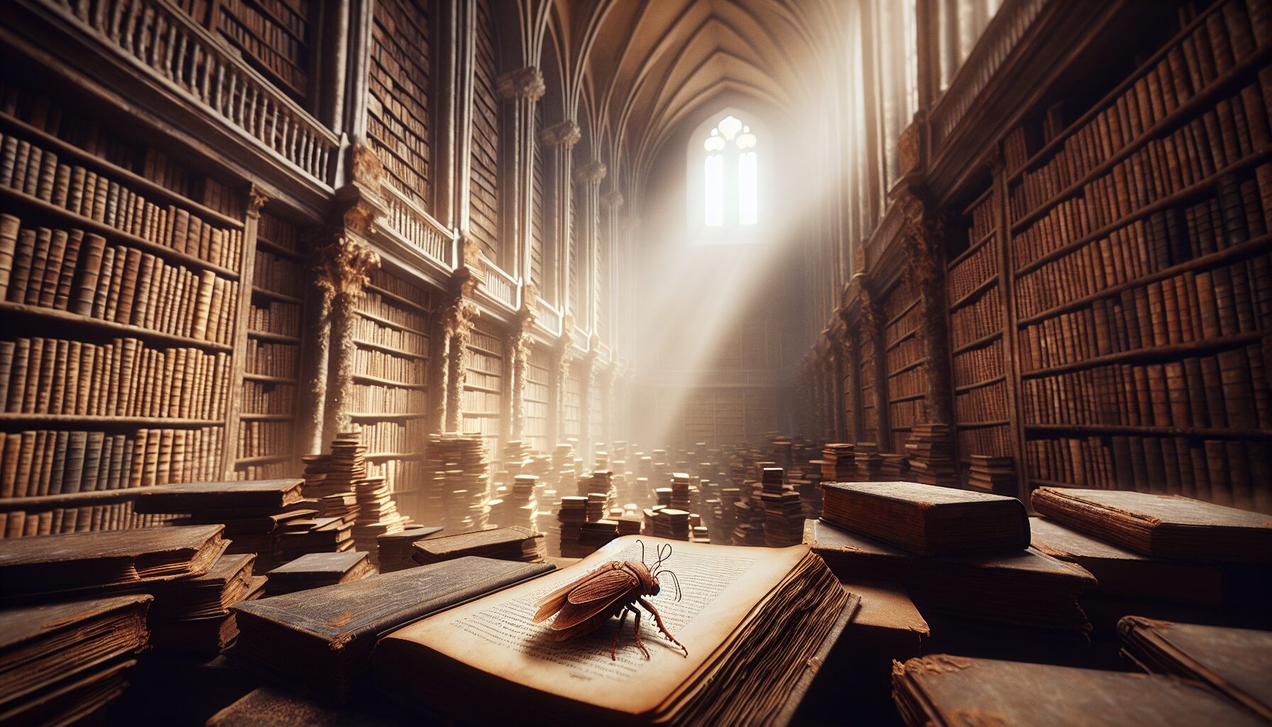 圖書館古籍書頁間夾帶的菸甲蟲標本,營造推理懸疑氛圍。