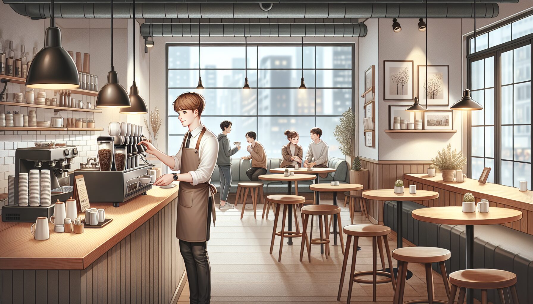 現代AU中，艾蓮於咖啡館一隅沉思，與原作截然不同的療癒氣氛