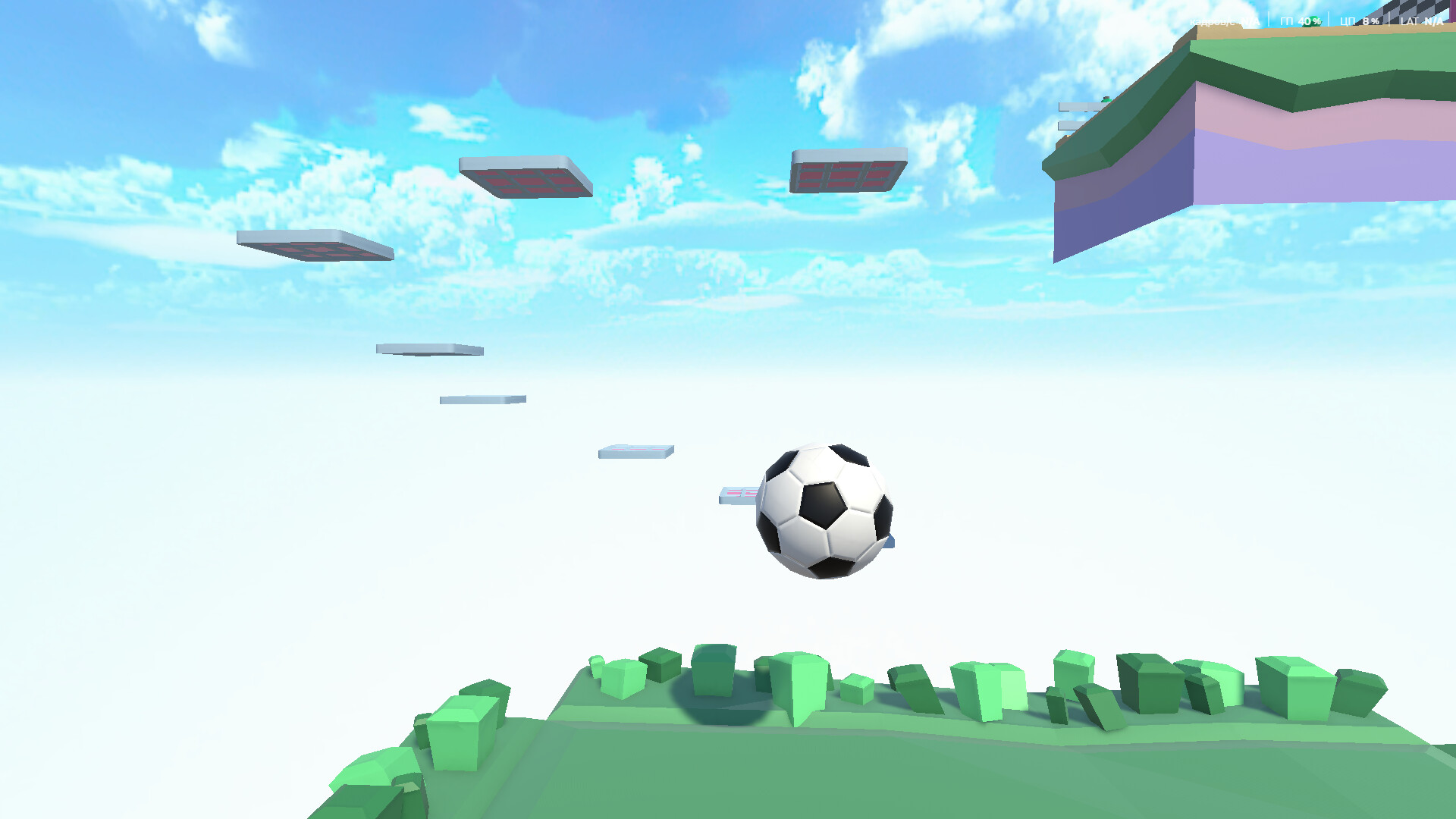 遊戲場景截圖，展示了由多個小型浮動平台組成的關卡，球體需要精準地在平台間跳躍。