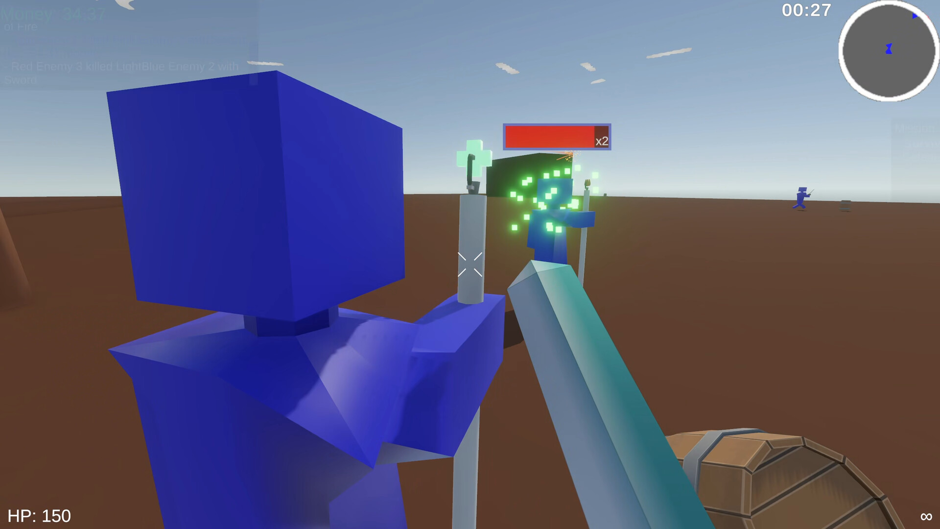 遊戲中的戰鬥場景，展示了極簡的方塊美術風格。