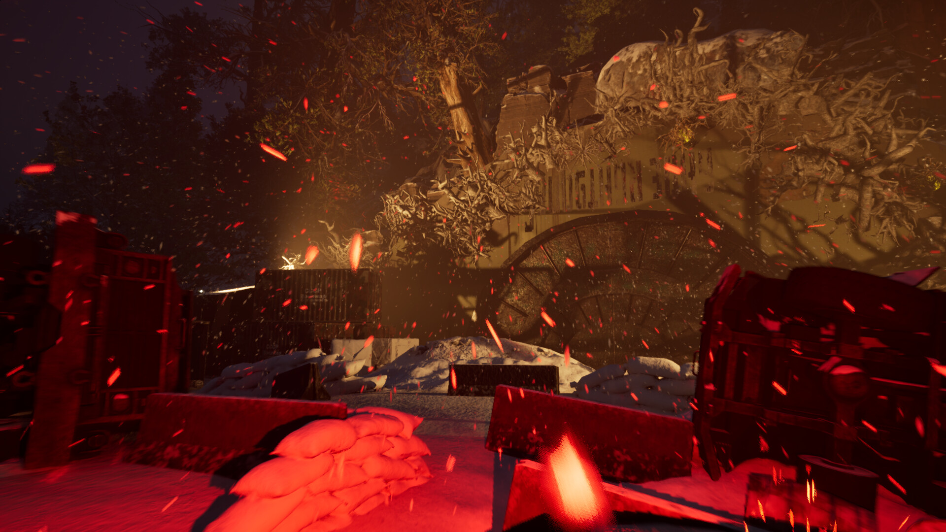 主角手持火焰噴射器對抗從牆壁中伸出的恐怖生物。