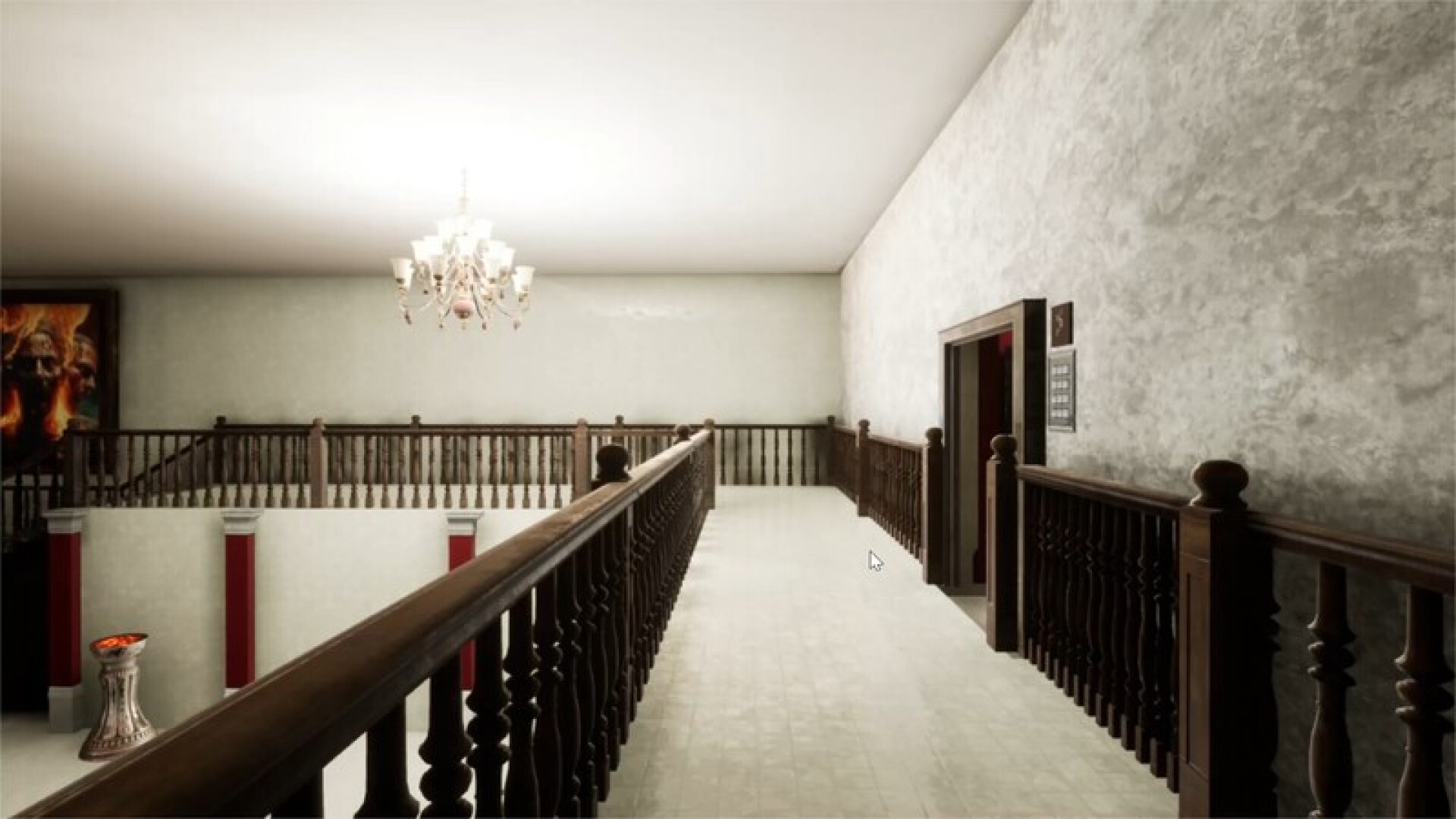 一個類似教堂內部的地方，光線從彩色玻璃窗透入，氛圍莊嚴而詭異。