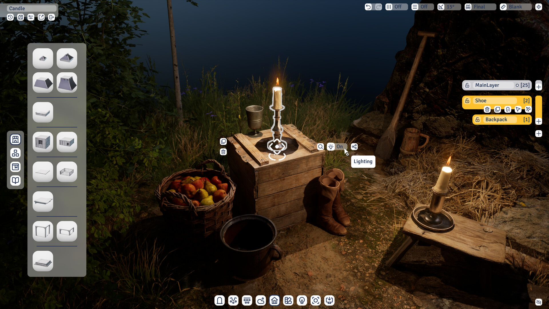 夜幕下的村莊，房屋窗戶透出溫暖的燈光，營造出寧靜祥和的氛圍。