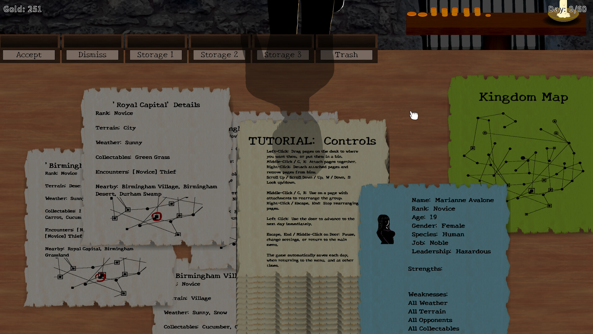 遊戲中的辦公桌視角，桌上擺放著冒險者的申請文件、任務委託書和地圖。