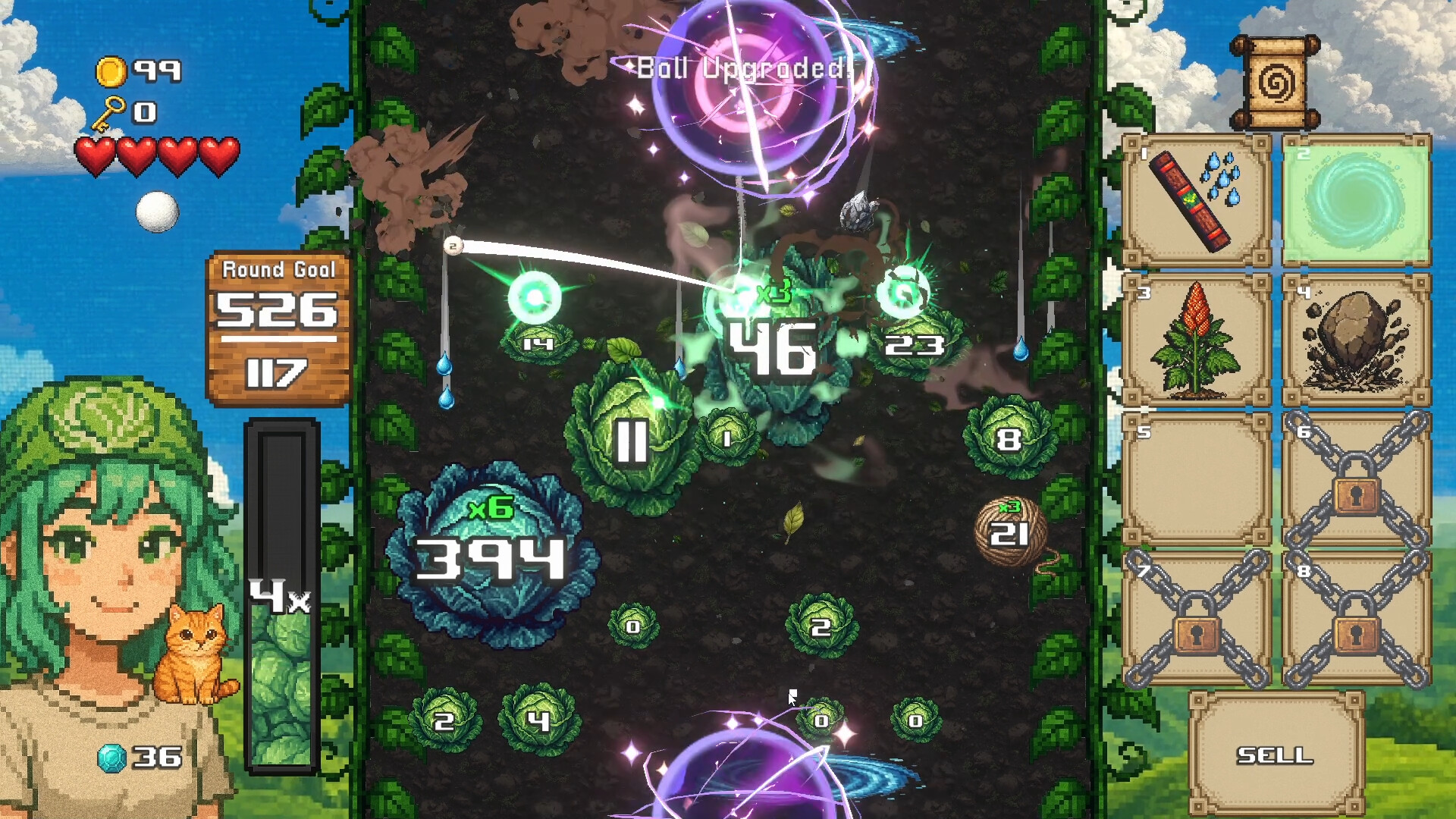 遊戲中的核心玩法場景，玩家需要選擇敲擊哪顆高麗菜來觸發最佳效果。