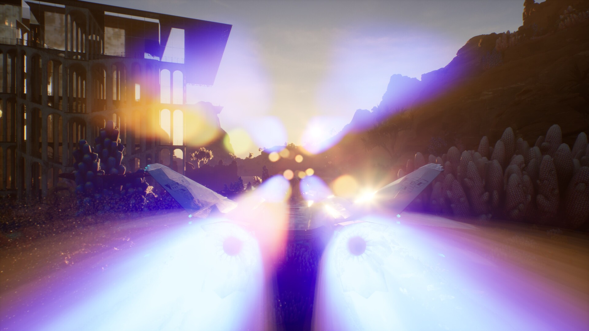 太空飛梭在發光植物上方飛行