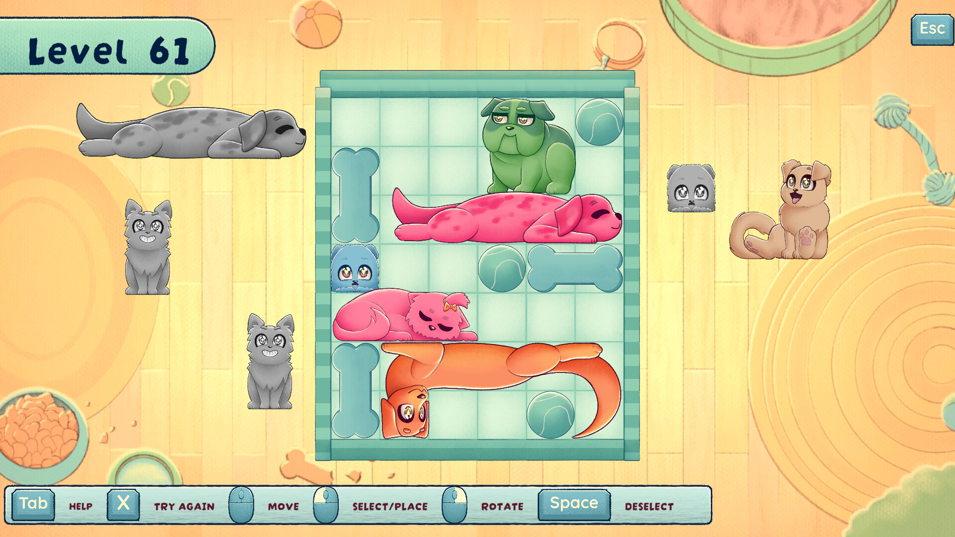 在充滿挑戰的關卡中，玩家需要更精細地規劃每一隻狗狗的位置。