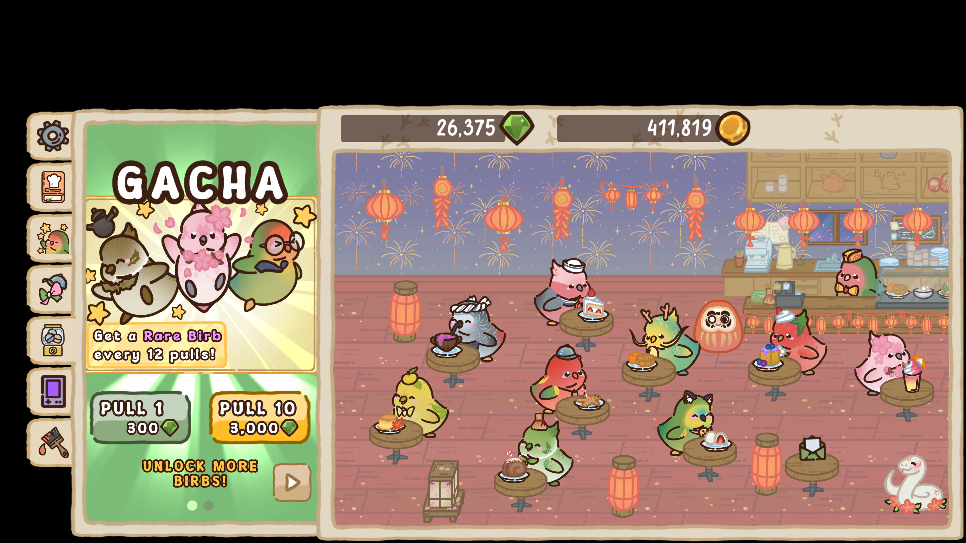 玩家正在裝飾自己的咖啡館，可以選擇不同的家具和擺設。